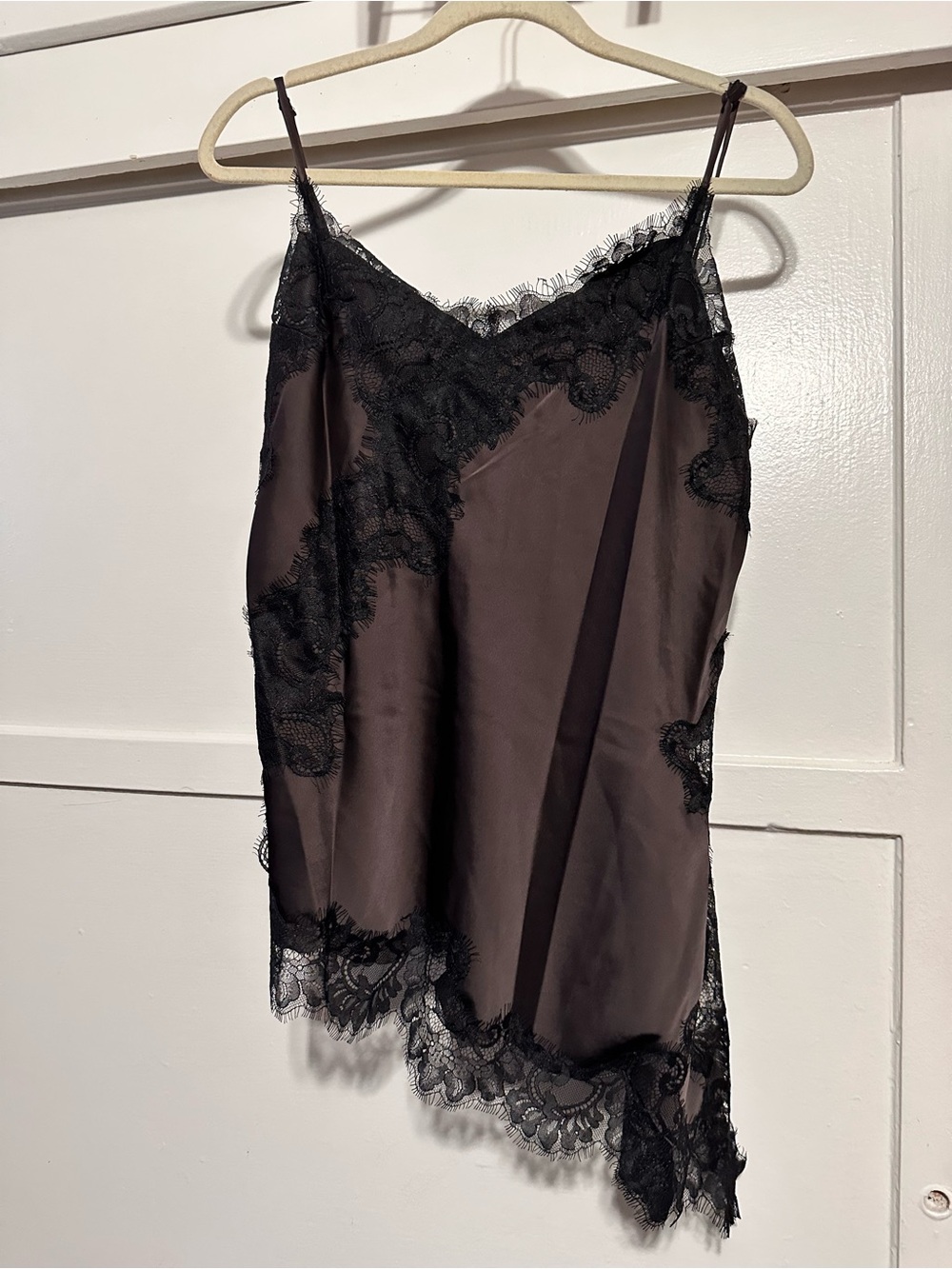 Sabine brown satin camisole with black lace trim.